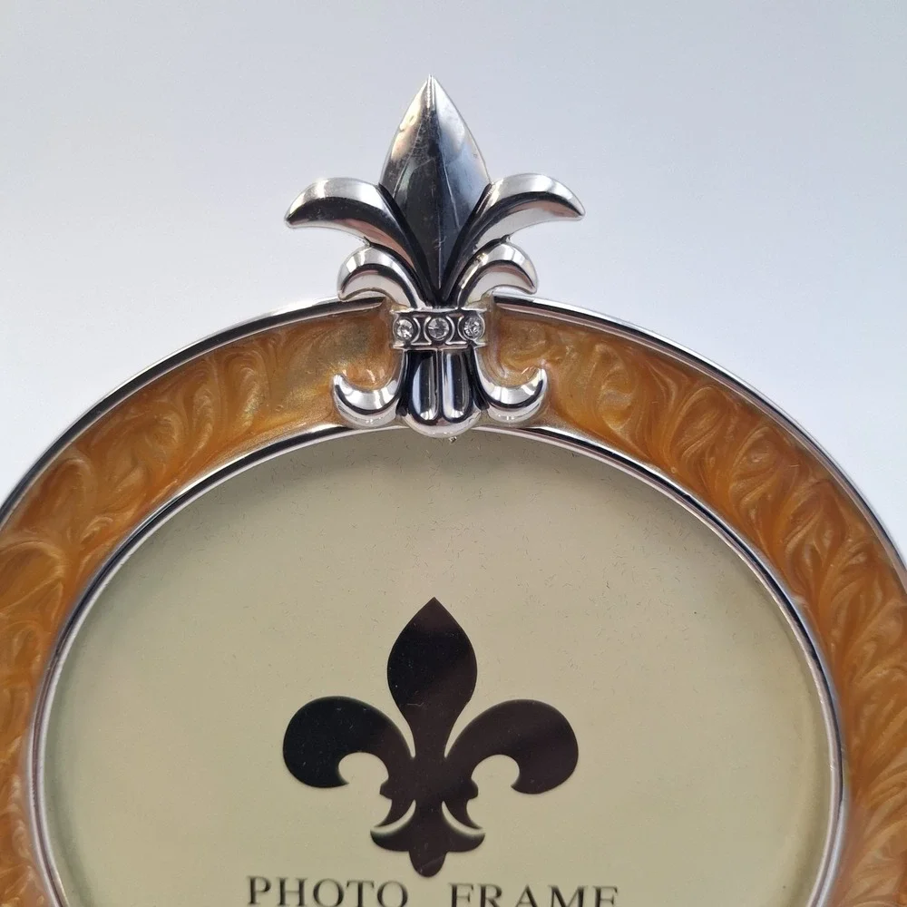 Vintage Fleur De Lis Photo Frame Set Honey Enamel Silver Tone‎ Round Square Mini